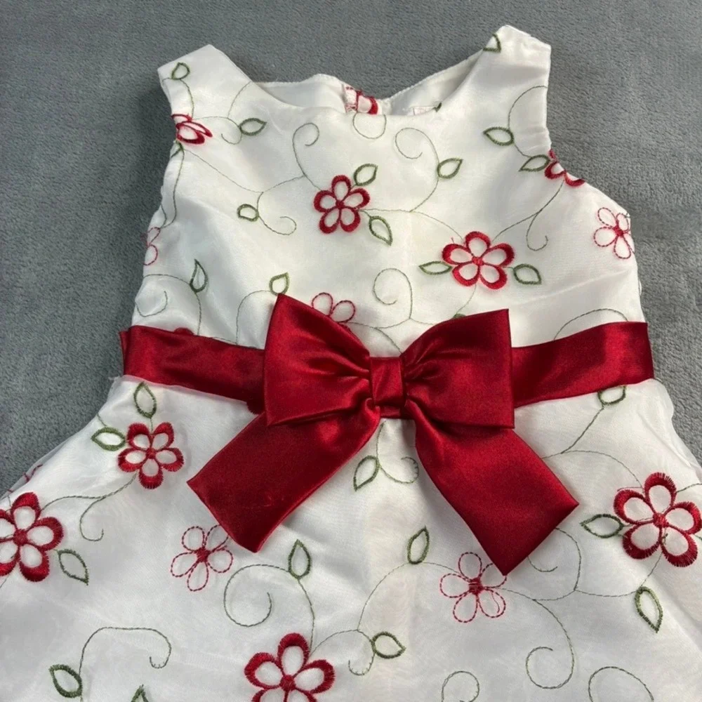 Youngland Girls White Red Floral Embroidered Dress Ribbon‎ Bow Party Size 5